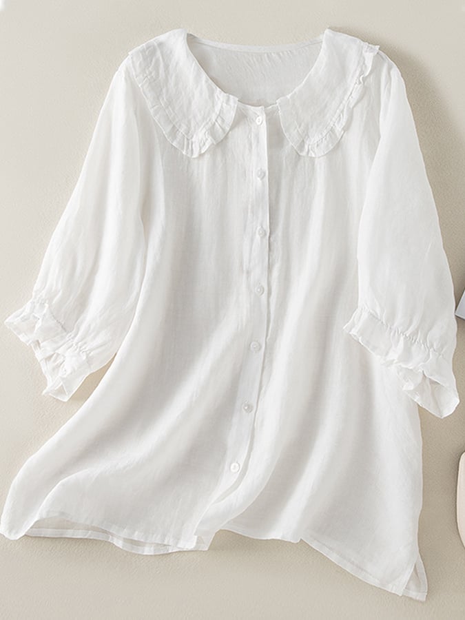 Sandra | Damen Baumwolle Leinen Casual geraffte Peter Pan Kragen Shirt - Image 2