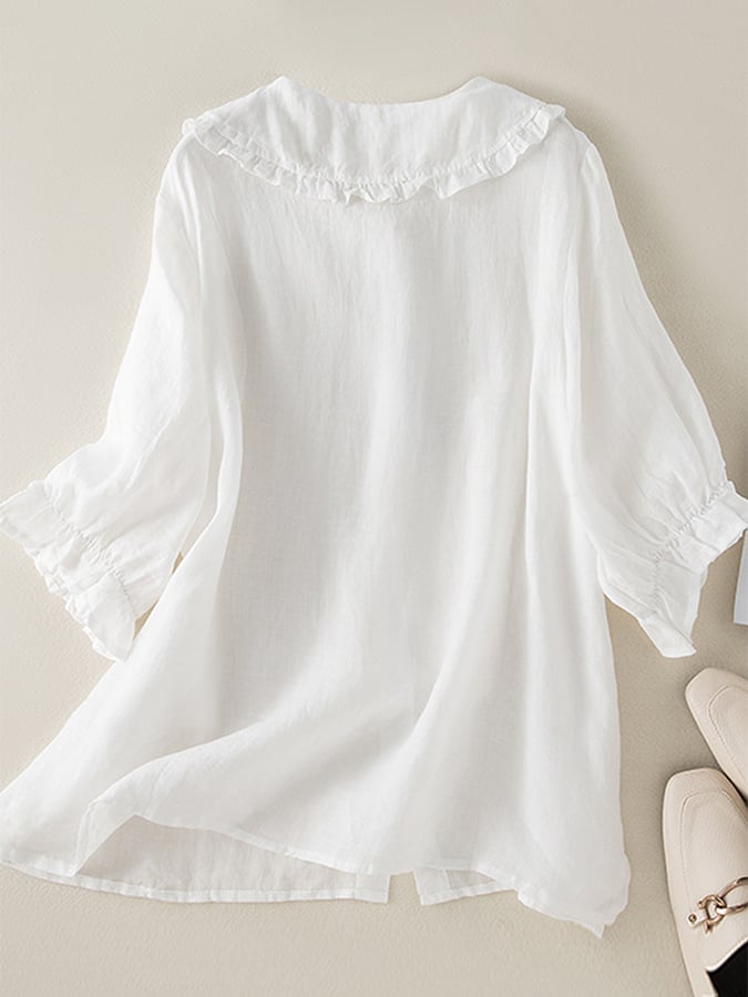 Sandra | Damen Baumwolle Leinen Casual geraffte Peter Pan Kragen Shirt - Image 3