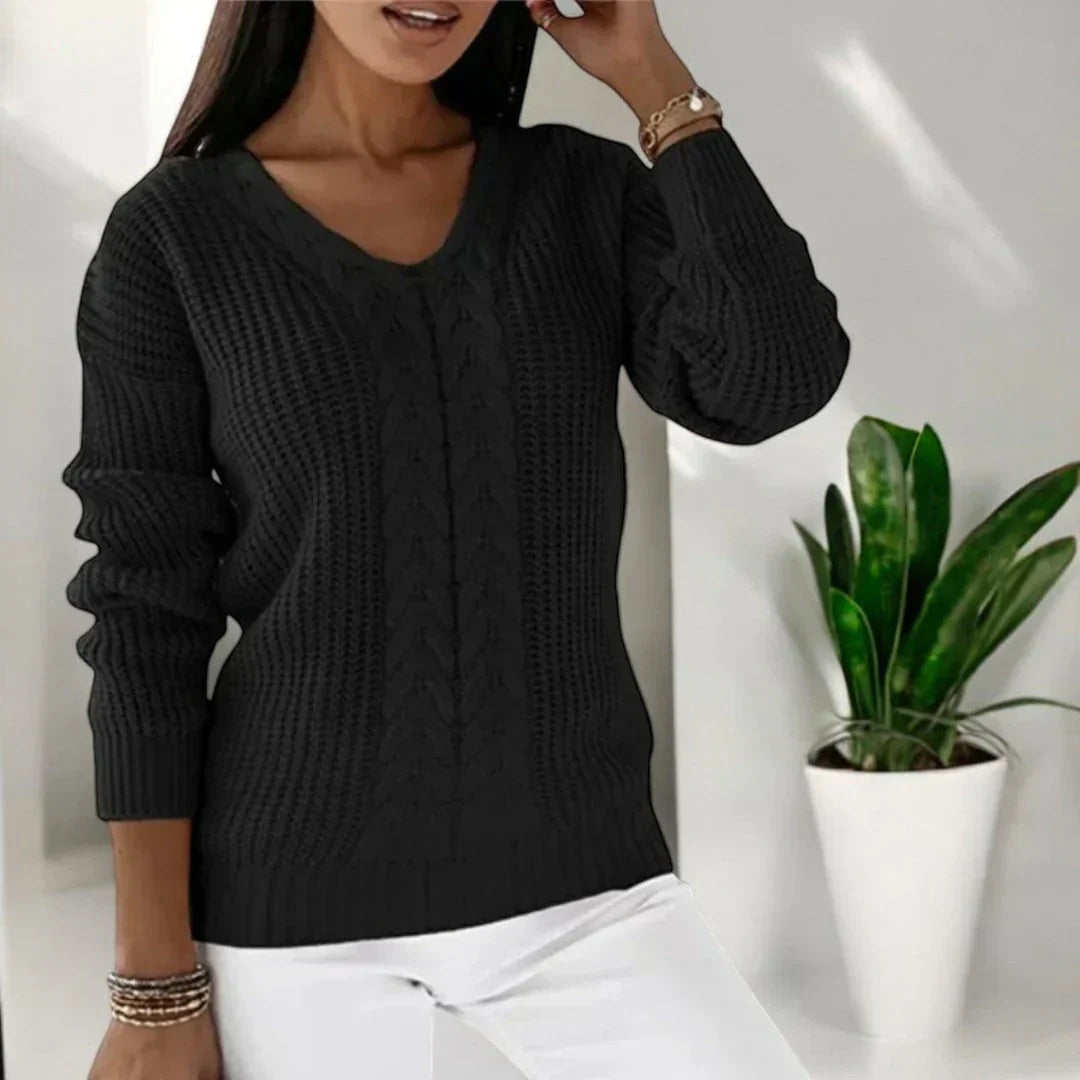 Sabine | Damen V-Ausschnitt Zopfmuster Strickpullover - Image 6