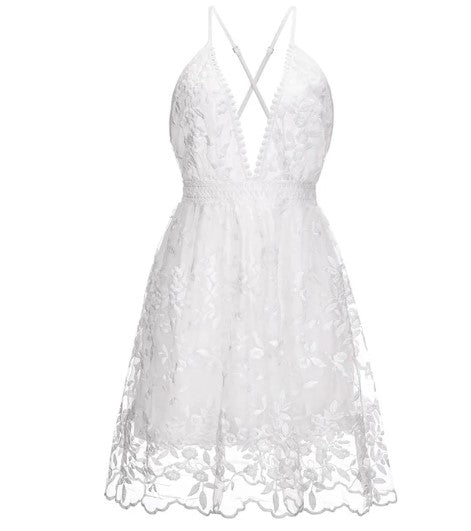 Margarete | Elegantes weißes rückenfreies Mini-Sommerkleid mit V-Ausschnitt für Damen - Image 3