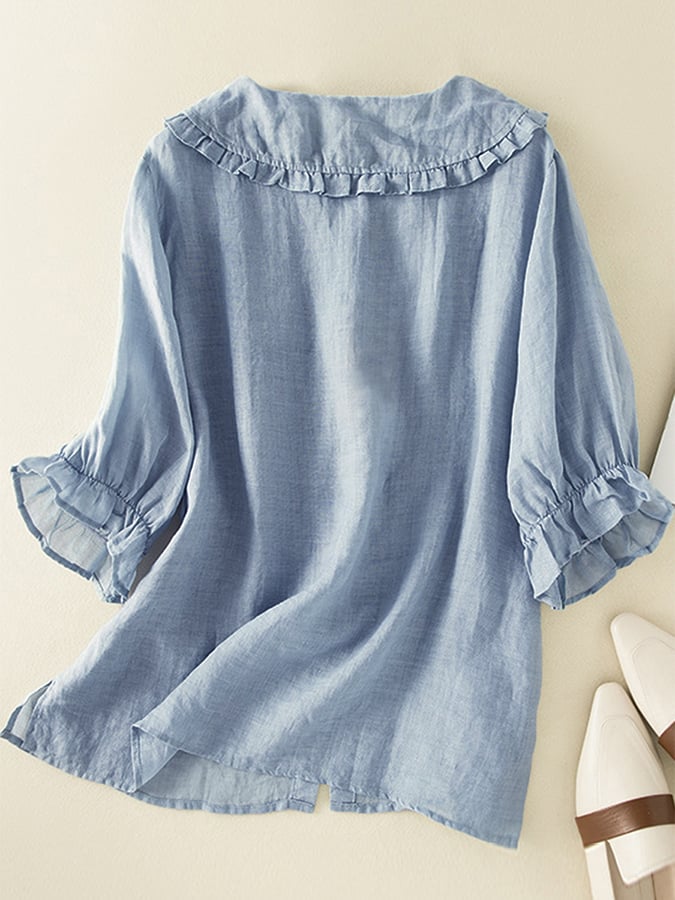Sandra | Damen Baumwolle Leinen Casual geraffte Peter Pan Kragen Shirt - Image 4