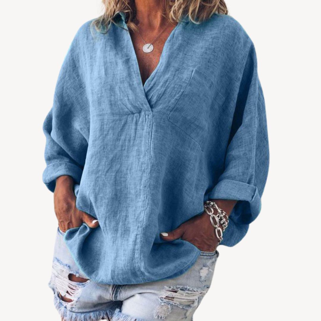 Vestea | Damenbluse mit V-Ausschnitt aus Leinenmischung - Casual Top - Image 2