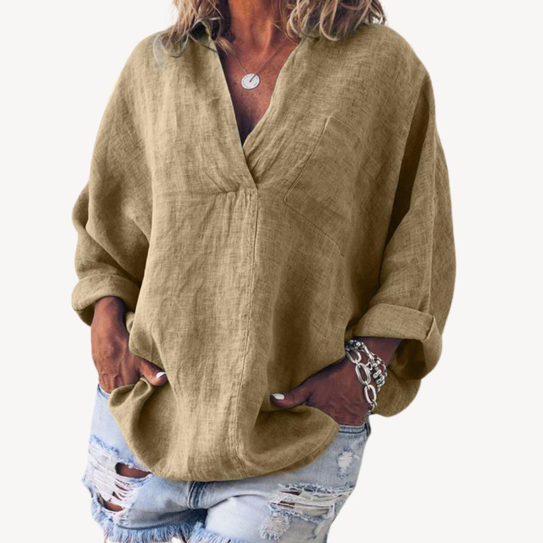 Vestea | Damenbluse mit V-Ausschnitt aus Leinenmischung - Casual Top - Image 3