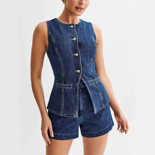 Leonie | Stylisches Denim-Outfit-Set für den Sommer - Jeans-Weste & weite Shorts - Image 1