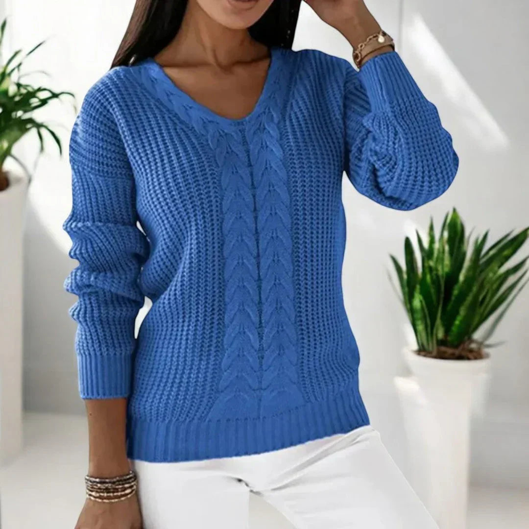 Sabine | Damen V-Ausschnitt Zopfmuster Strickpullover - Image 5