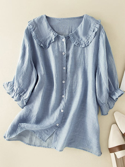 Sandra | Damen Baumwolle Leinen Casual geraffte Peter Pan Kragen Shirt - Image 1
