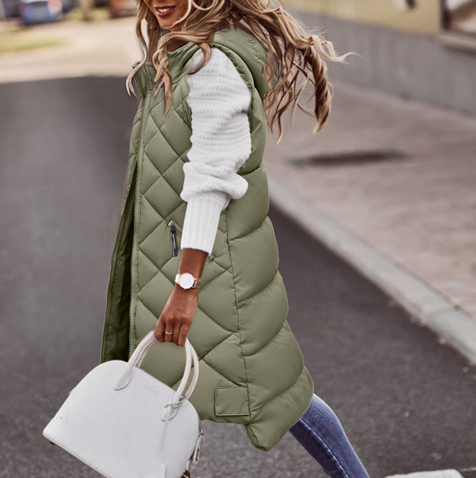 Melina | Damen Kapuzen Lange Puffer Weste - Image 3