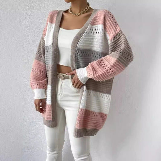 Evelyn | Damen Oversize Gestreifter Strickjacken-Cardigan - Image 1