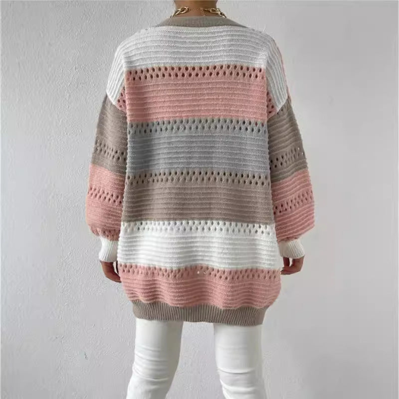 Evelyn | Damen Oversize Gestreifter Strickjacken-Cardigan - Image 2