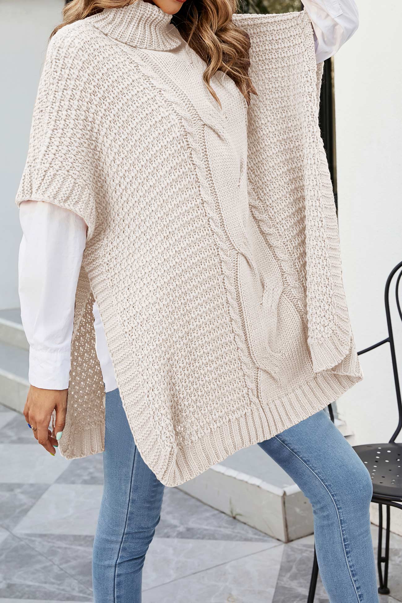 Irina | Damen Oversize Zopfmuster Strickpullover Poncho - Image 3