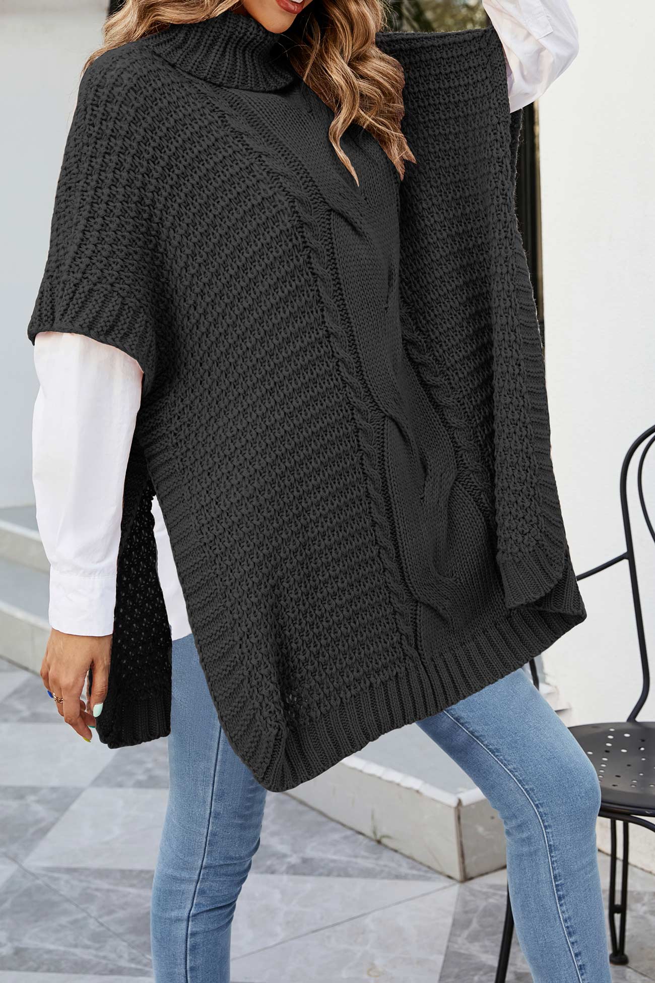 Irina | Damen Oversize Zopfmuster Strickpullover Poncho - Image 10