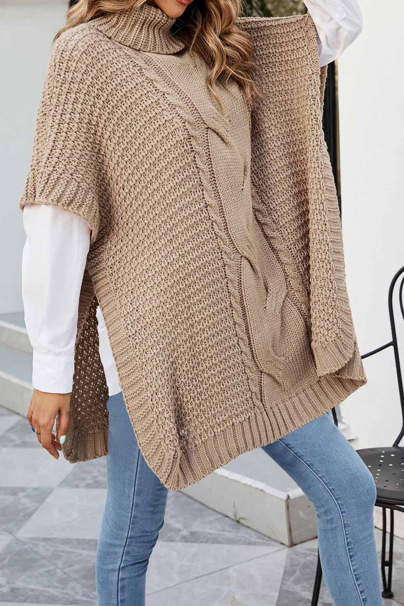Irina | Damen Oversize Zopfmuster Strickpullover Poncho - Image 7